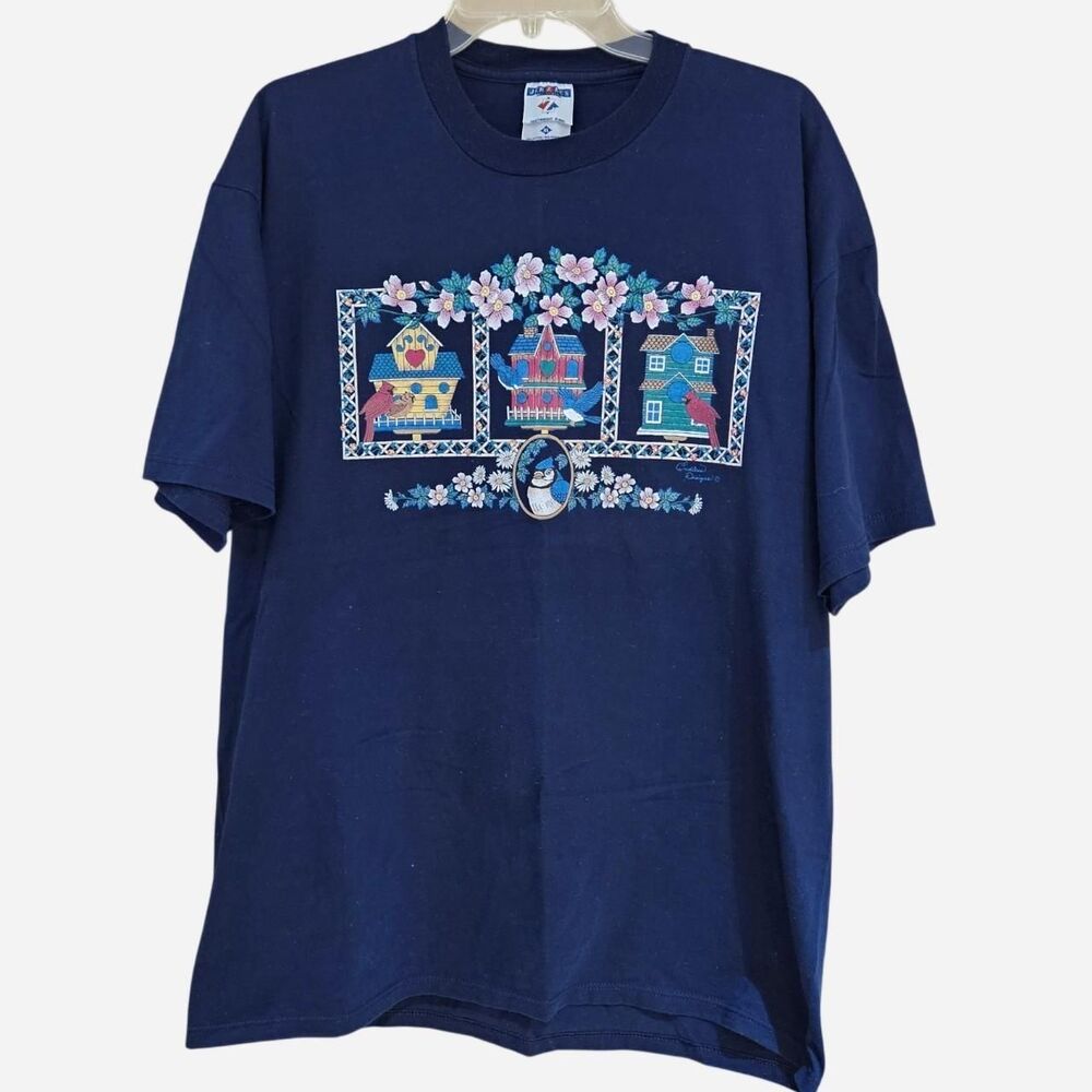 90s cottagecore grandmacore birds birdhouses navy graphic tee